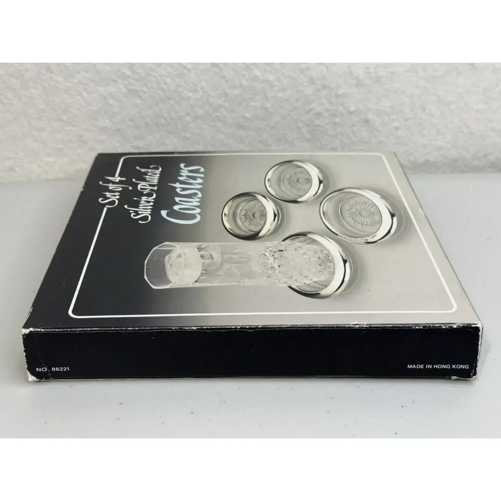 Vintage Glass Coasters Silver Plate Trim Set of 4 New In Box Bar Ware Hong Kong